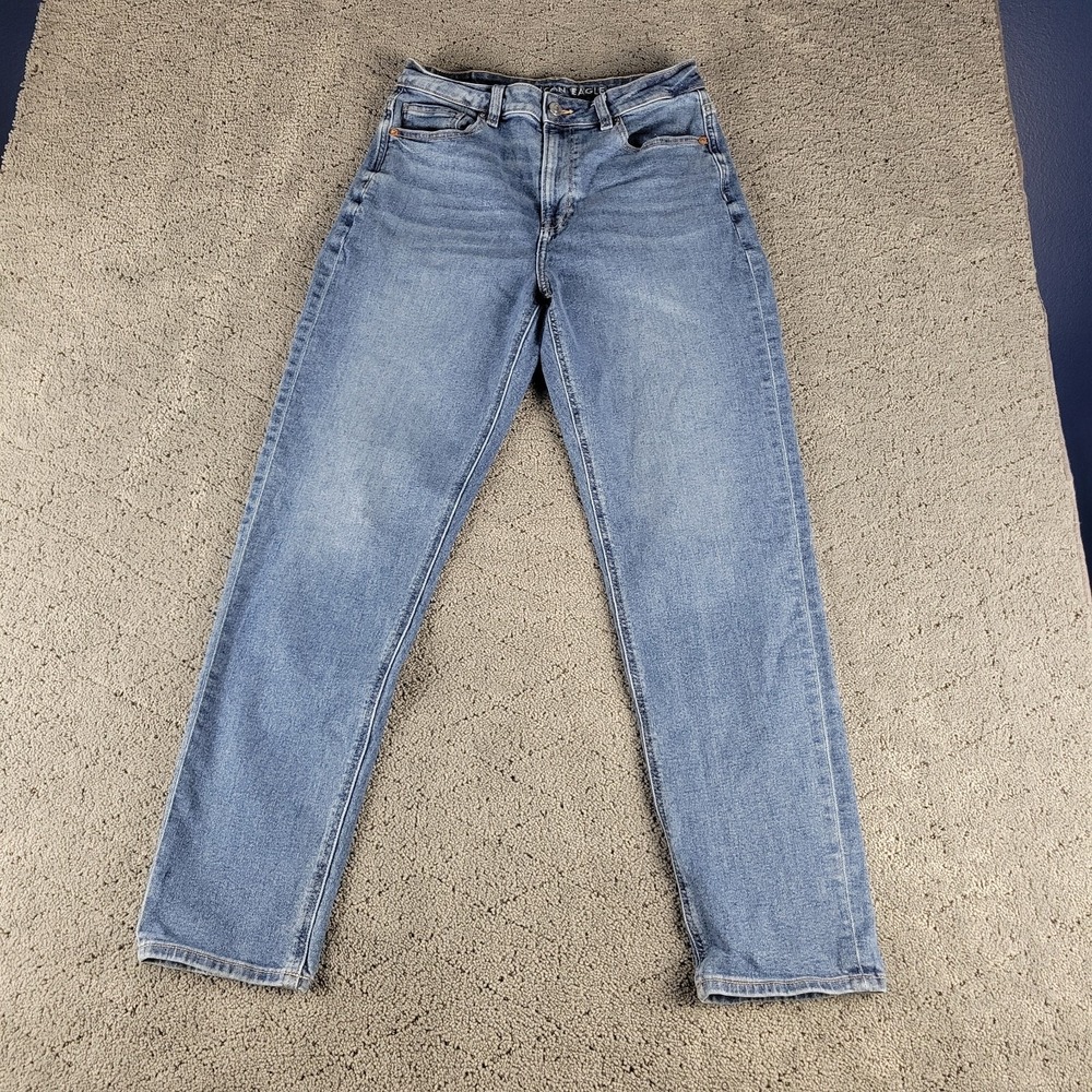 American Eagle Jeans Womens 8 Long Blue Mom Jean‎ Stretch Denim Medium Wash